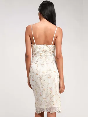 Starleena Cream and Taupe Floral Embroidered Bodycon Midi Dress Size Small NWT thumbnail 2