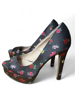 Betsey Johnson Kenedy Satin Floral Platform Peep Toe Pumps Black Rose Heels 6.5M thumbnail 2