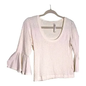 Anthropologie Cream Scoop Neck Smocked Bell Sleeve Blouse XS thumbnail 4