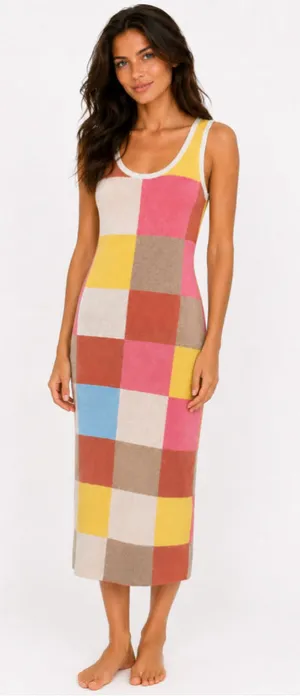 Andrée by Unit Colorblock Knit Midi Dress Pink Yellow Checkerboard‎ Buttery Soft thumbnail 1