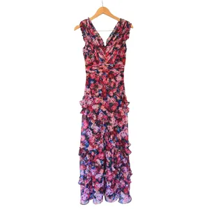 AQUA Formal Floral Ruffle Maxi Dress Pink Blue V-Neck‎ Sleeveless Size 0 NEW thumbnail 2