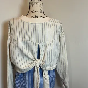 Anthropologie Mixed Media Pinstripe Tie Back Sweatshirt Top Blue Cream Medium M thumbnail 6