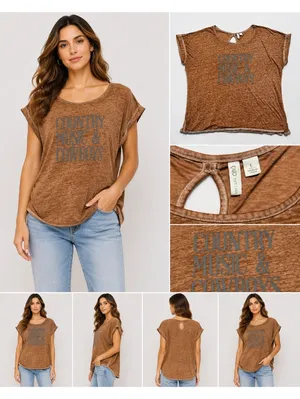 OZEO Women’s L Country Music & Cowboys Brown Graphic Tee Keyhole Back thumbnail 1