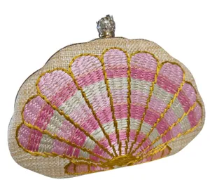 Haute Hippie Shell Clutch Women Pink Embroidered Coastal Resortwear Boho Wedding thumbnail 1