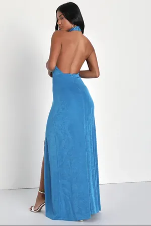 Lulus Stunning Attitude Blue Keyhole Halter Neck Maxi Dress thumbnail 2