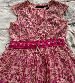 Floral Pink Beige Barbiecore High Waist Cotton Dress, size M thumbnail 11