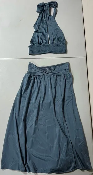Blue Periwinkle Satin Silk Maxi Skirt and Halter Crop Top Matching Set Coords Size S 🩵✨ thumbnail 1