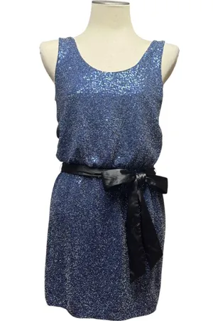 Express Sleeveless Sequin Mini Dress with Satin Sash Blue Black XS thumbnail 1