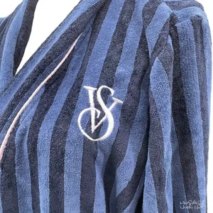 Victorias Secret Navy & Black Striped Embroidered Logo Belted Robe With Pockets thumbnail 2