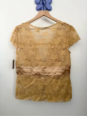 Apt. 9 Y2K Medium NEW Lace Blouse Victorian Satin Belt Tan Camel‎ Dainty Romantic Sheer thumbnail 4