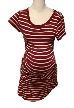 Maternity Heart & Hips Burgundy and White Short Sleeve Striped Dress Size M thumbnail 1