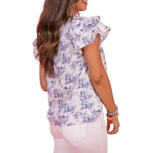 Entro Toile Flutter‎ Sleeve Blouse Womens Small White Blue Flutter Sleeve Ruffle thumbnail 11