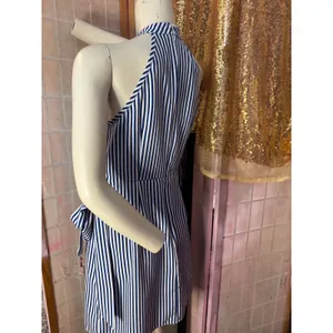 Blue and White Striped Halter Wrap Mini Dress Side Tie High Neck Nautical Summer thumbnail 7