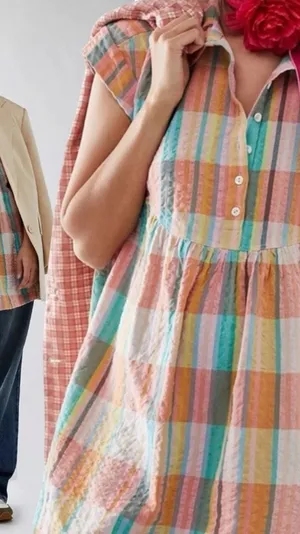 Free People Oversized Dreamers Madras Plaid Mini Dress Tunic Top Preppy Large thumbnail 1