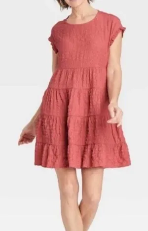 Knox Rose Women’s Sz Medium Mini Dress Pink Gauzy Flutter Sleeve Crewneck Tiered thumbnail 1
