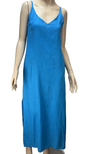 Hilo Turquoise Linen Slip Dress Maxi Sundress‎ Size M Side Slit V-Neck Pockets thumbnail 1
