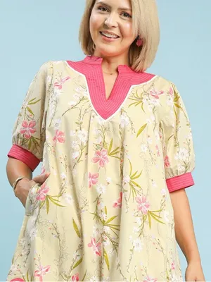 New!Umgee Plus Size Cotton Lined Butter Floral Puff Sleeve Dress Pink Size XL thumbnail 3