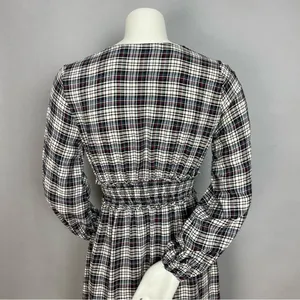 Zara Plaid Dress Shirred Smocked Long Sleeve V-Neck‎ Midi Women Size Medium thumbnail 6