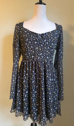 Black Floral Long Sleeve Mini Dress boho whimsi L y2k‎ fairy flowy resort thumbnail 1