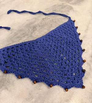 Handmade Crochet Wood Beaded Kerchief Head Scarf Cotton Boho Bandana Cottagecore thumbnail 1