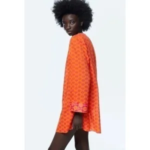 ZARA Boho Printed Tunic Beach Cover Up Mini Dress Orange Fuchsia Cotton S thumbnail 2