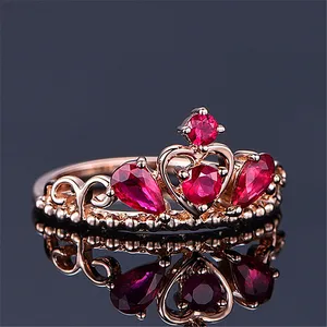 14K Rose Gold Plated Adjustable Red Crystal Ruby Crown Ring for Women thumbnail 5
