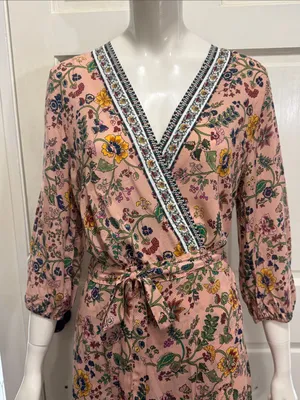 FARM Rio 100% Viscose Pink Floral Wrap Long Sleeve Maxi Dress Size Medium🌸💗 thumbnail 6