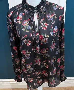 Ann Taylor long sleeve black with floral design blouse thumbnail 1
