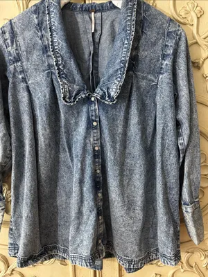 Free People Ruffle Collar Denim Swing Blouse - Lightest Indigo Blue SZ Amall thumbnail 7
