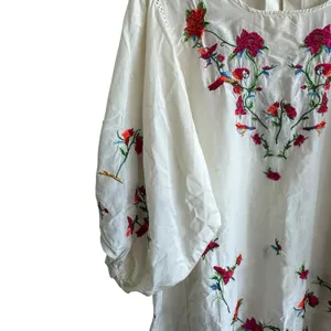 Zara Collection Dress Sz L Cotton Silk Blend Puff Sleeve Floral Embroidered thumbnail 9