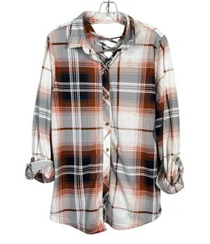 Modish Rebel Buckle White Orange Plaid Cutout Lace Up Back Button Down Western thumbnail 1