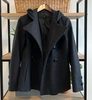 Giacca Button Front Wool Blend Heavy Weight Pea Coat w/Hood & Pockets, S thumbnail 1