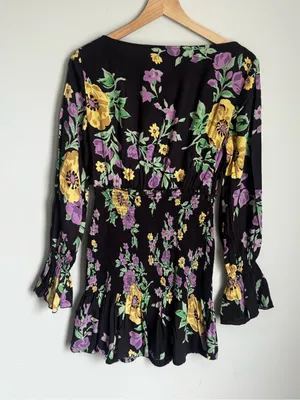 Urban Outfitters Leandra Smocked Mini Dress Black Purple Floral Long Sleeve Sz M thumbnail 2