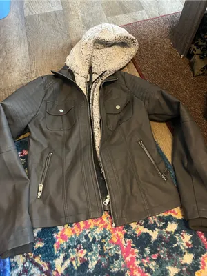 Novish Womens Gray Faux Leather Jacket with Sherpa Hood thumbnail 5
