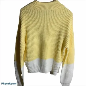 GB Sweater Yellow M Women Colorblock Ribbed Knit Mock Neck Casual thumbnail 2