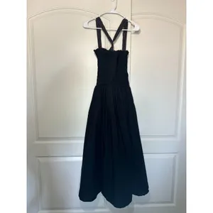Zara Topstitched Midi‎ Dress Black Ruched Peplum Dress With Tan Cotton Size: S thumbnail 2