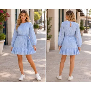 GB Eyelet Lace Mini Dress Womens L Light Blue Braided Tie Waist Long Sleeve Boho thumbnail 9