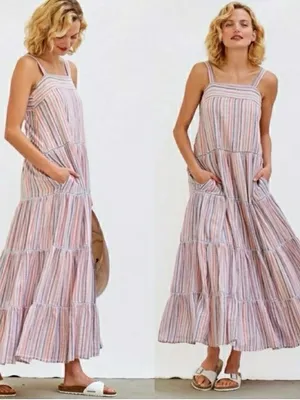 Sundry x Anthropologie Luna Striped Tiered Maxi Dress Beachy Vacation Resortwear thumbnail 2
