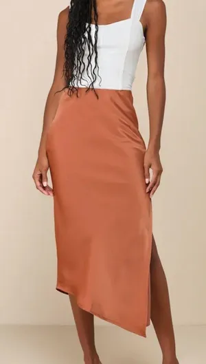 Lulus Contemporary Cutie Brown Satin High-Rise Asymmetrical Midi Skirt thumbnail 1