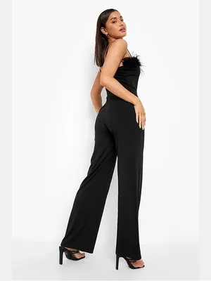 BooHoo Black Feather Strappy Wide Leg Jumpsuit thumbnail 2