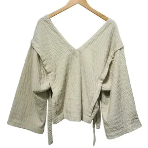 Free People NWT $98 FP Beach Wavy Pullover Neutral Green V-Neck Ties M thumbnail 3