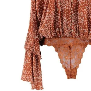 Free People Orange Ditsy Floral Lace Bell Sleeve Bodysuit Feminine Festival S thumbnail 5