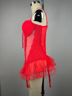 Victoria's Secret Red Lace Mesh Bustier Teddy 36C Y2K Ruffle thumbnail 2