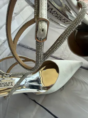 Badgley Mischka Ivory Pointed Toe Slingback Heels with Rhinestone Ankle Straps thumbnail 6
