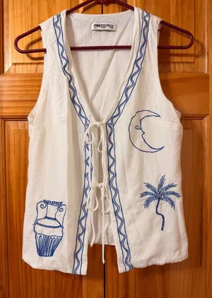 Princess Polly Sun And Palm Trees Vest Top‎ White Blue Linen Blend Embroidered 4 thumbnail 1