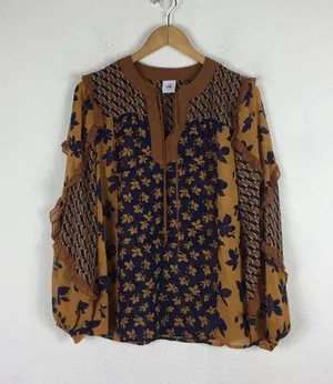 Cabi Harmony Gold Navy Ruffle Floral Peasant Semi Sheer Blouse Top XS thumbnail 3