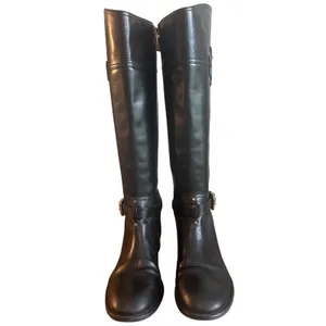 Tory Burch Black Leather Riding Boots Embossed Double T Logo Size 8 thumbnail 2