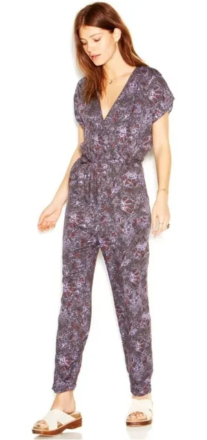 NEW Free People Universal Surplice Jumpsuit Purple Paisley Boho Cottage Whimsy L thumbnail 1