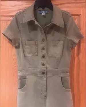 Urban Outfitters Emma Stretch Denim Flared Jumpsuit in Olive Green Size Small thumbnail 6