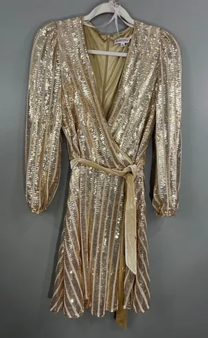 Nanette Lepore Sequin Wrap Dress Women Size 8 Gold Great Long Sleeve Velvet Belt thumbnail 1